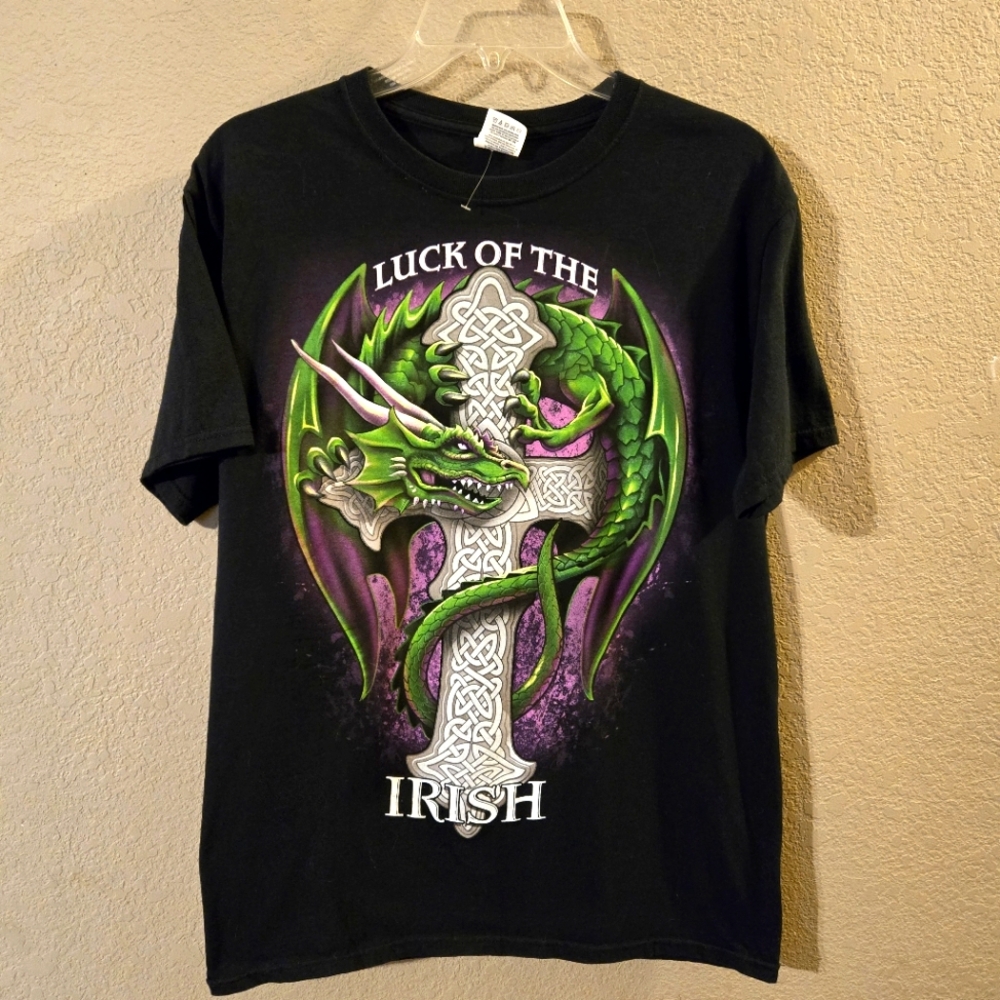 Black Luck of the Irish Graphic Tee Shirt Dragon & Celtic Cross on Front Medium